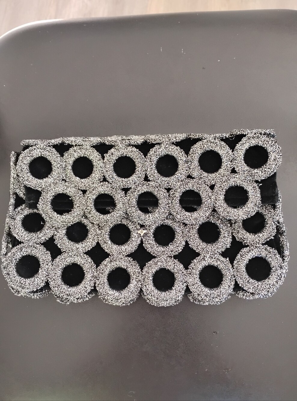 Vintage Silver Glitter And Black Velvet Circle-Pattern Evening Clutch